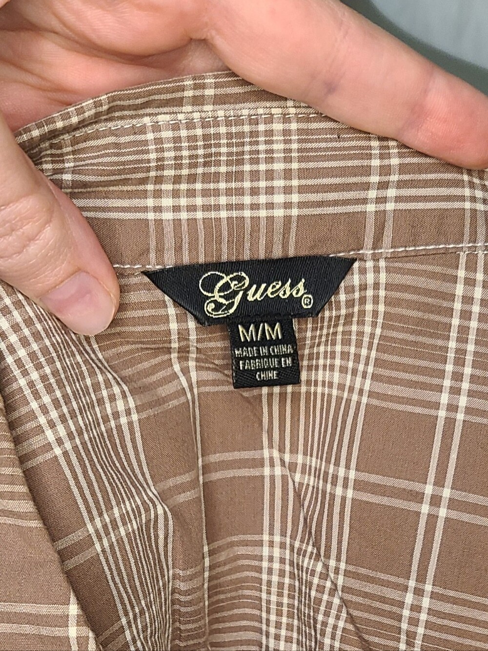 Guess Taupe and White Plaid Button-Front Shirt - Picture 5 of 6